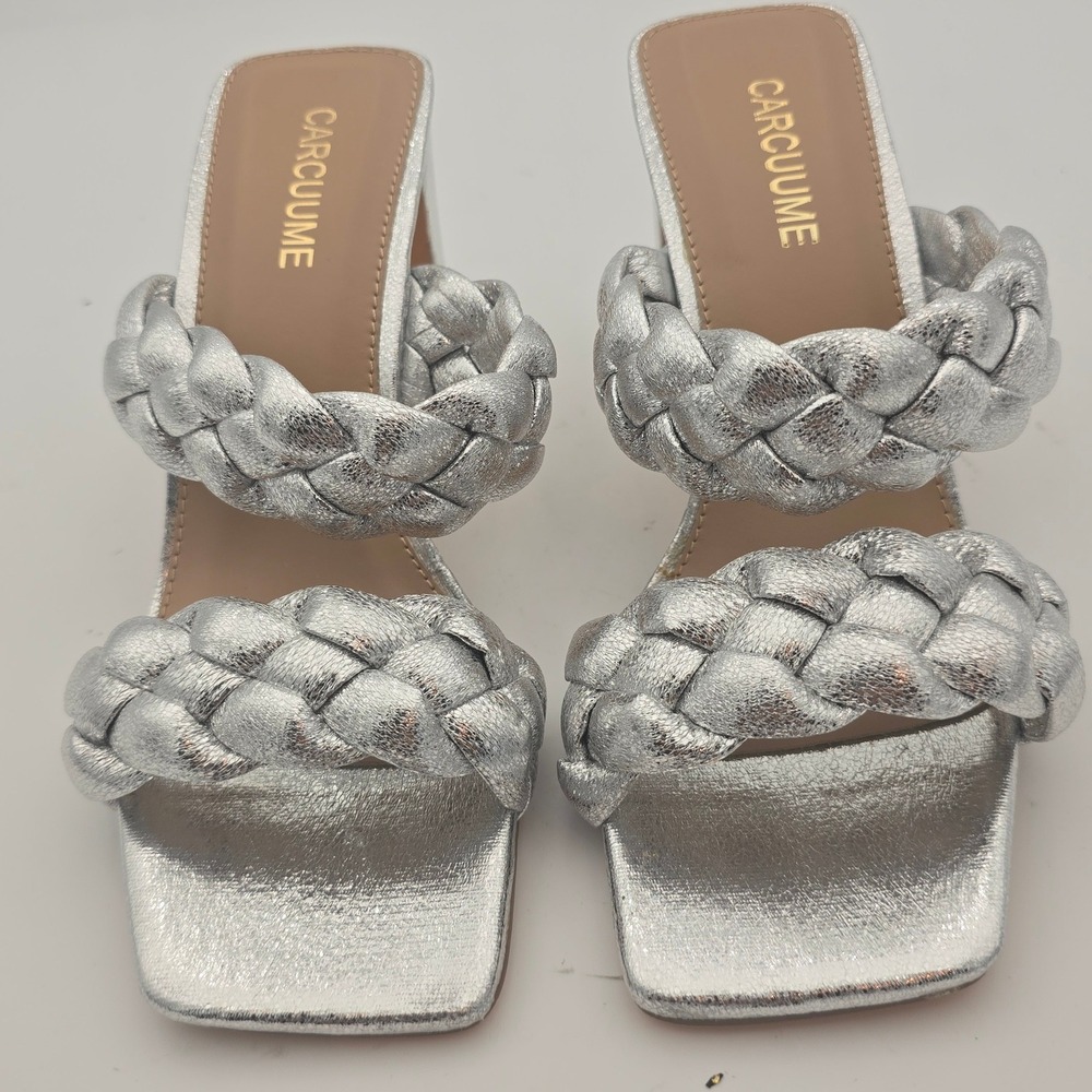 CARCUUME Silver Braided Square Toe Heel Mules Dressy Party Fashion Sandals